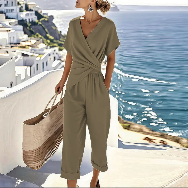 Conjunto elegante de dos piezas con top cruzado y pantalón | Mezcla de viscosa y lino