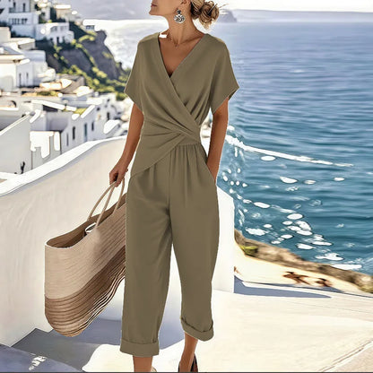 Conjunto elegante de dos piezas con top cruzado y pantalón | Mezcla de viscosa y lino