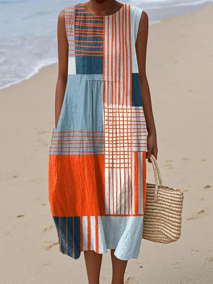 Vestido midi sin mangas con estampado geométrico | Corte recto elegante