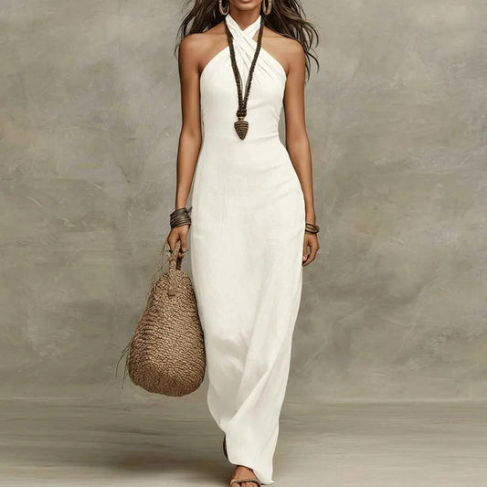 Vestido largo halter bohemio sin mangas | Mezcla de lino