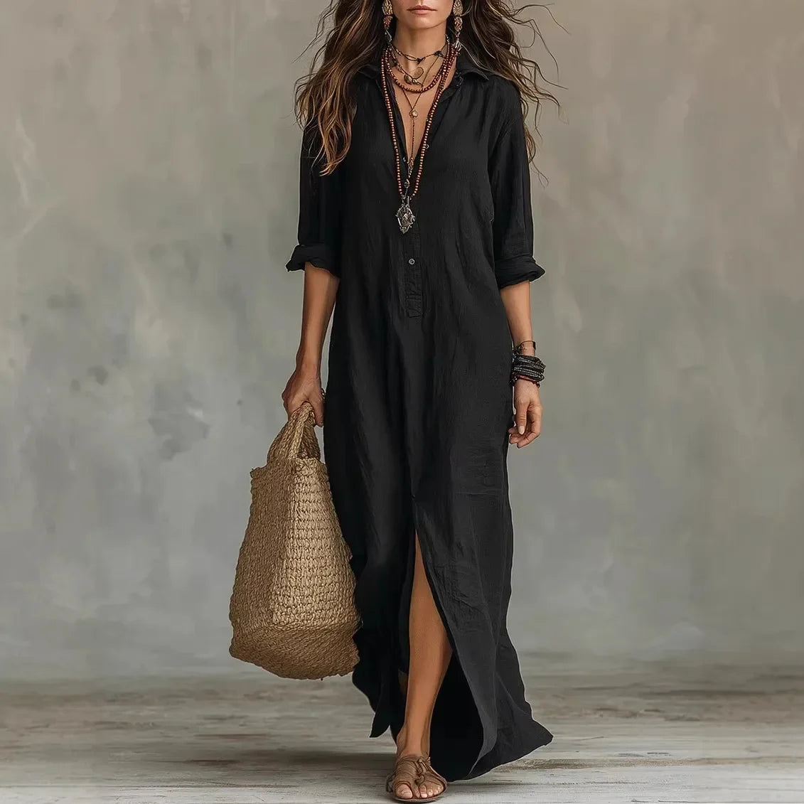 Camisa larga de lino para mujer | Cuello vuelto y corte holgado