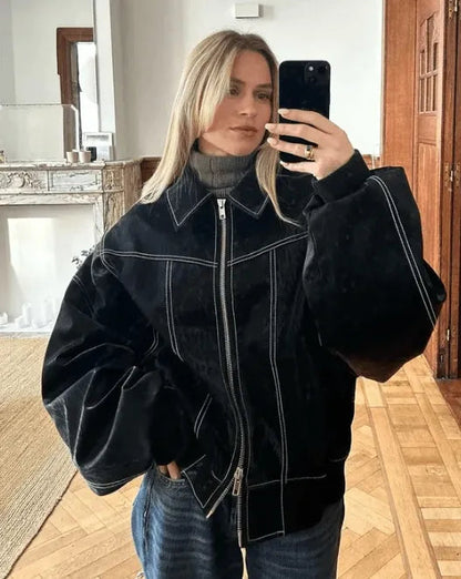 Mujer Cazadora de Cuero Oversized | Diseño Casual & Corte Holgado | Uso Diario