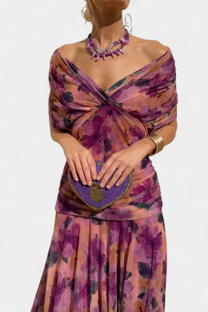 Elegante vestido largo con escote palabra de honor | Falda fluida