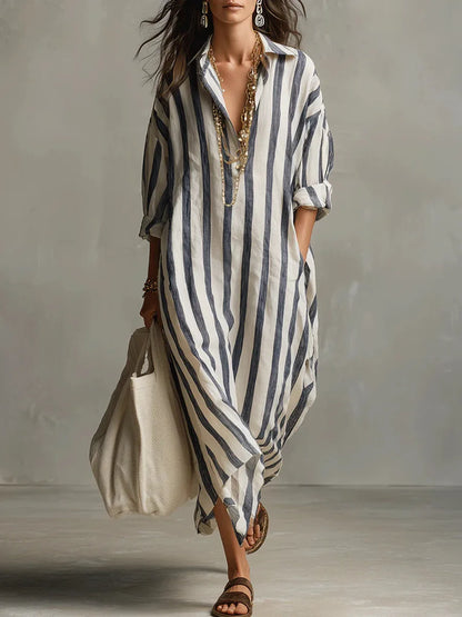 Vestido camisero largo de lino | Rayas suaves y cuello en V