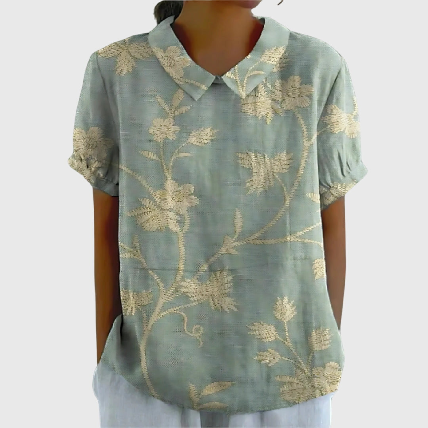 Blusa de lino con estampado floral y cuello Peter Pan | Manga corta