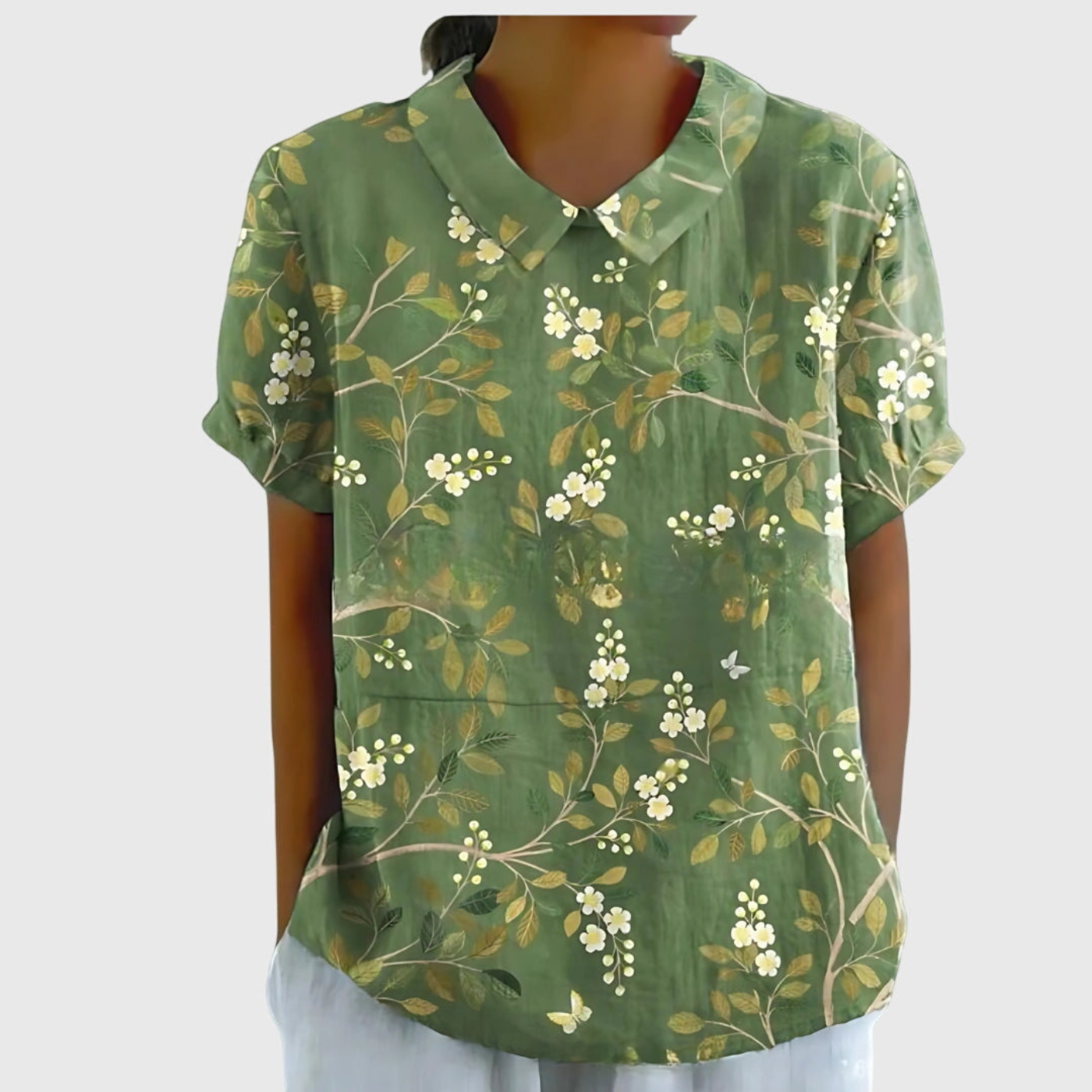 Blusa de lino con estampado floral y cuello Peter Pan | Manga corta