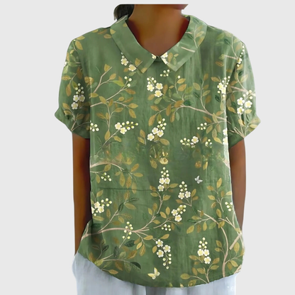 Blusa de lino con estampado floral y cuello Peter Pan | Manga corta
