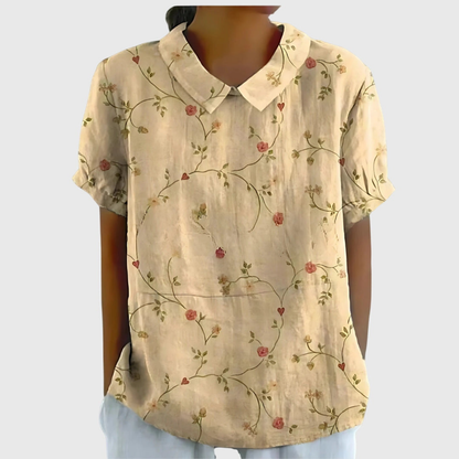 Blusa de lino con estampado floral y cuello Peter Pan | Manga corta
