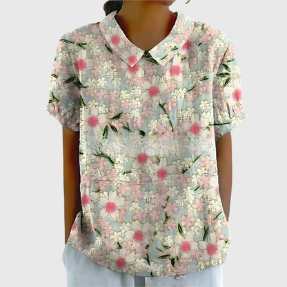 Blusa de lino con estampado floral y cuello Peter Pan | Manga corta