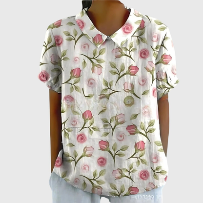 Blusa de lino con estampado floral y cuello Peter Pan | Manga corta