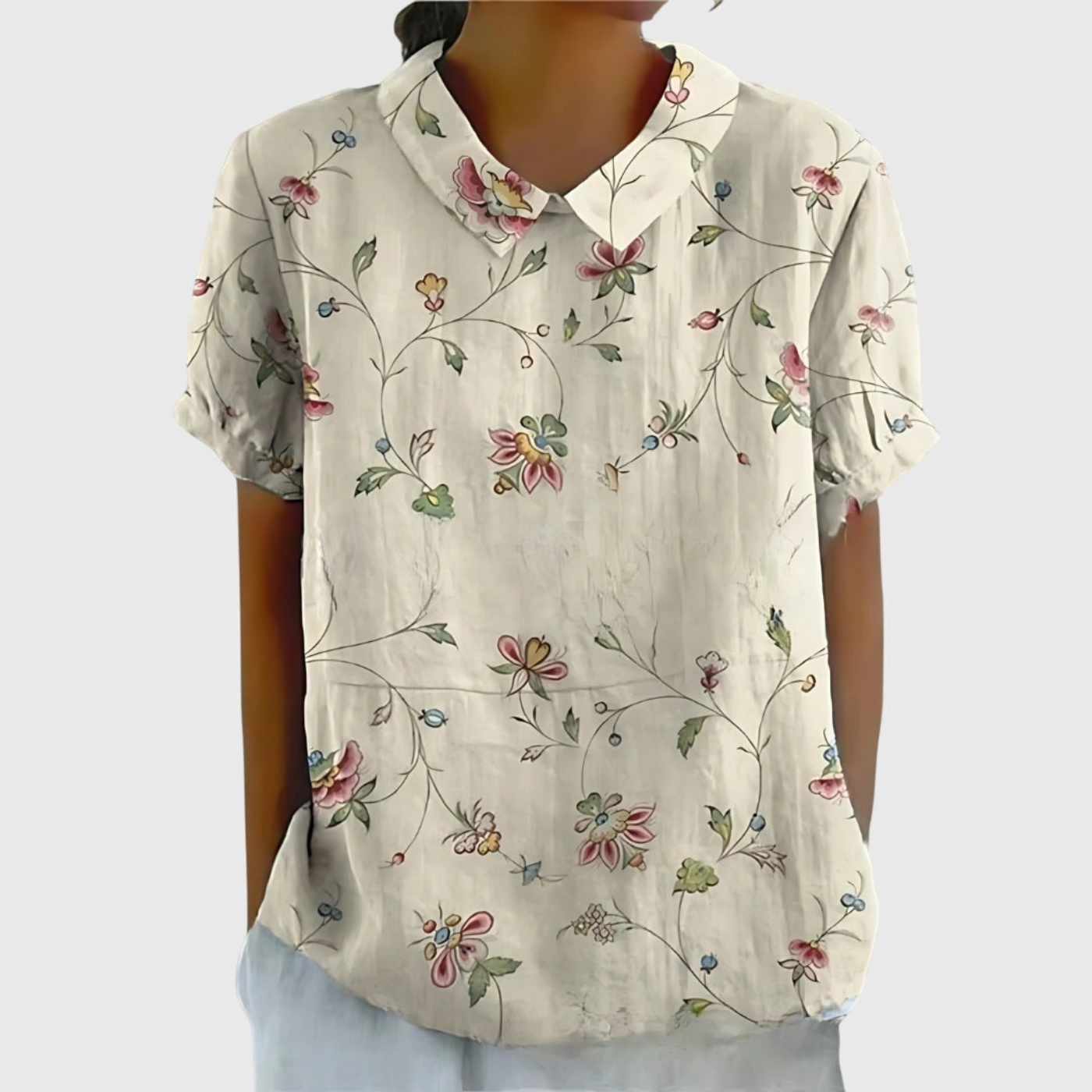 Blusa de lino con estampado floral y cuello Peter Pan | Manga corta