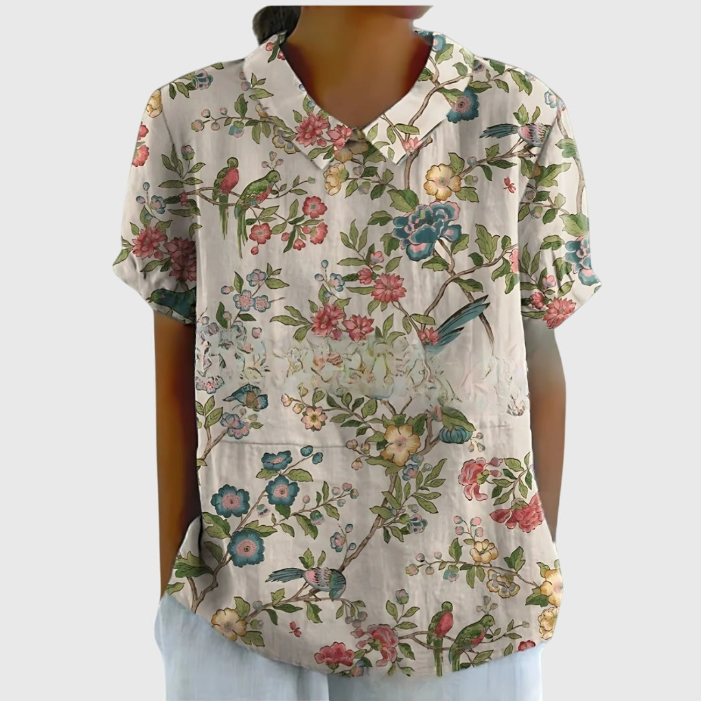 Blusa de lino con estampado floral y cuello Peter Pan | Manga corta
