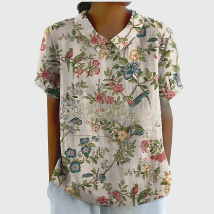 Blusa de lino con estampado floral y cuello Peter Pan | Manga corta