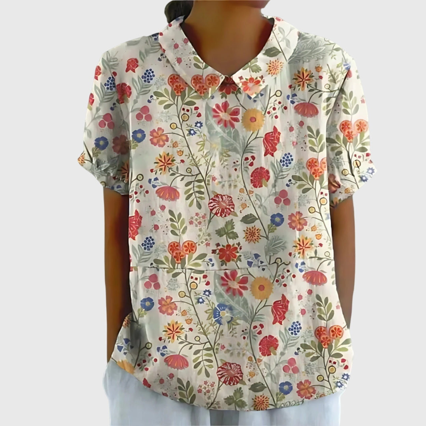 Blusa de lino con estampado floral y cuello Peter Pan | Manga corta