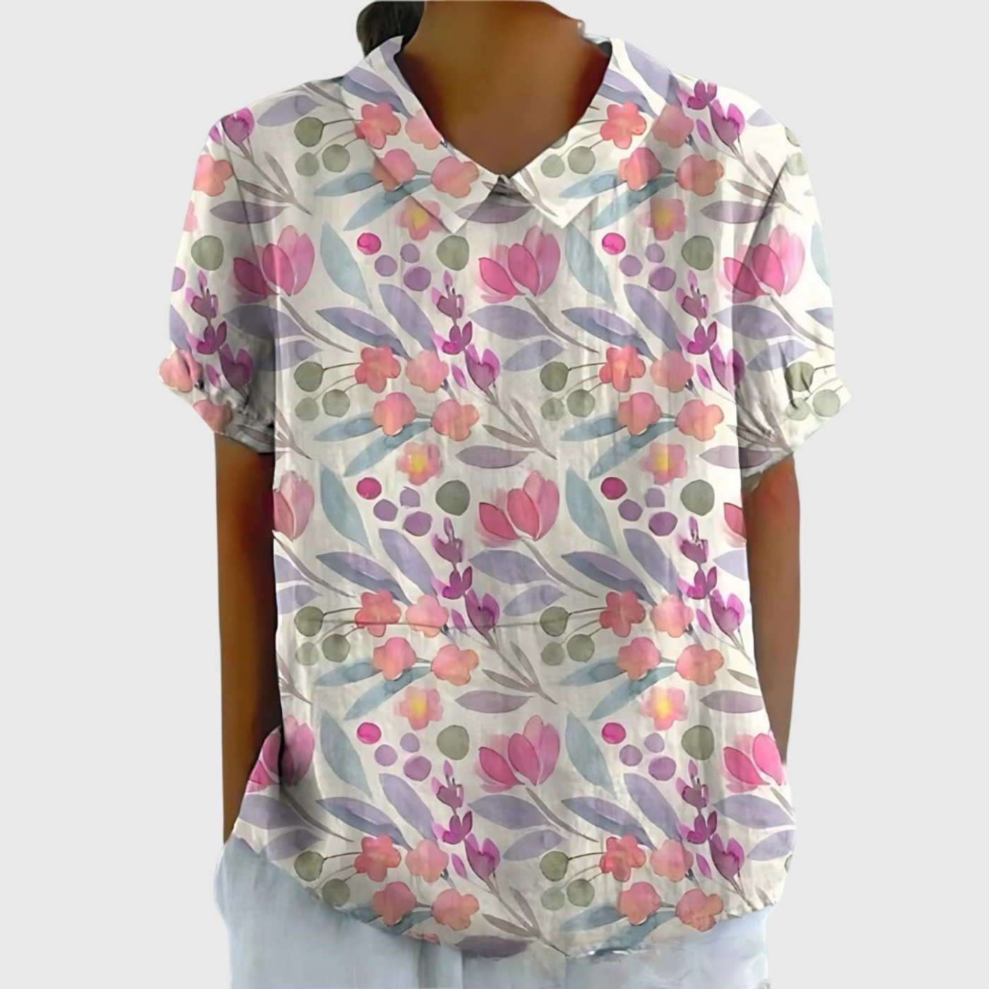 Blusa de lino con estampado floral y cuello Peter Pan | Manga corta