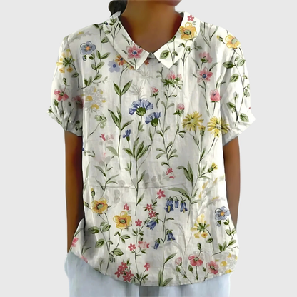 Blusa de lino con estampado floral y cuello Peter Pan | Manga corta