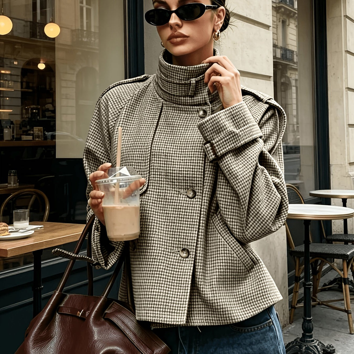 Mujer Chaqueta Corta de Pata de Gallo | Cuello Alto & Botones | Uso Diario