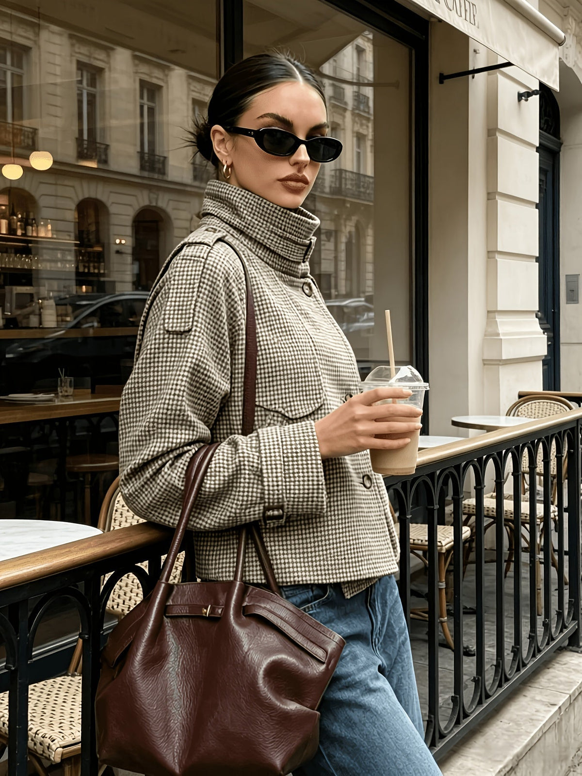Mujer Chaqueta Corta de Pata de Gallo | Cuello Alto & Botones | Uso Diario