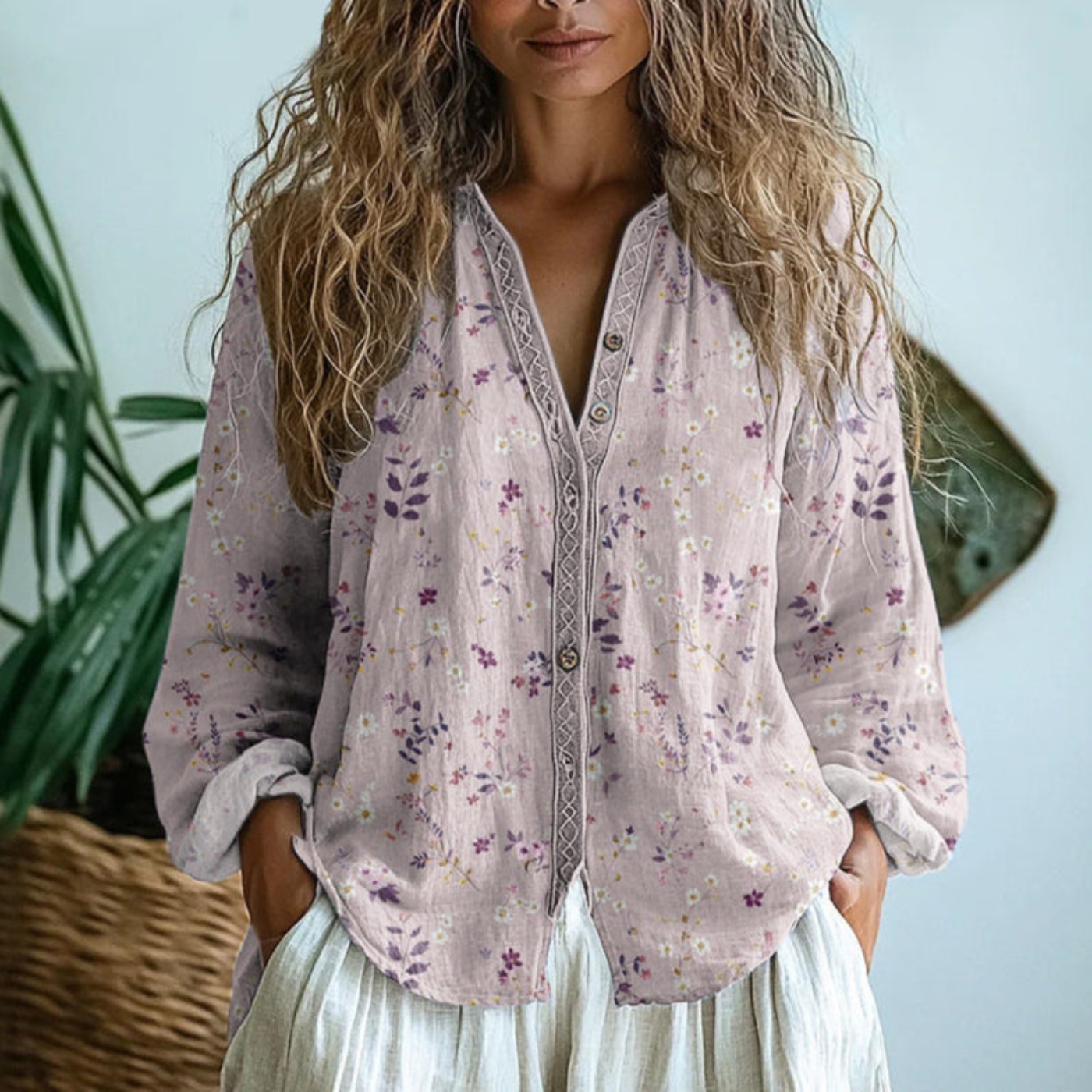 Blusa de lino con botones y detalle de contraste | Manga larga para mujer