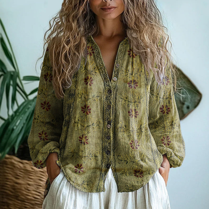 Blusa de lino con botones y detalle de contraste | Manga larga para mujer