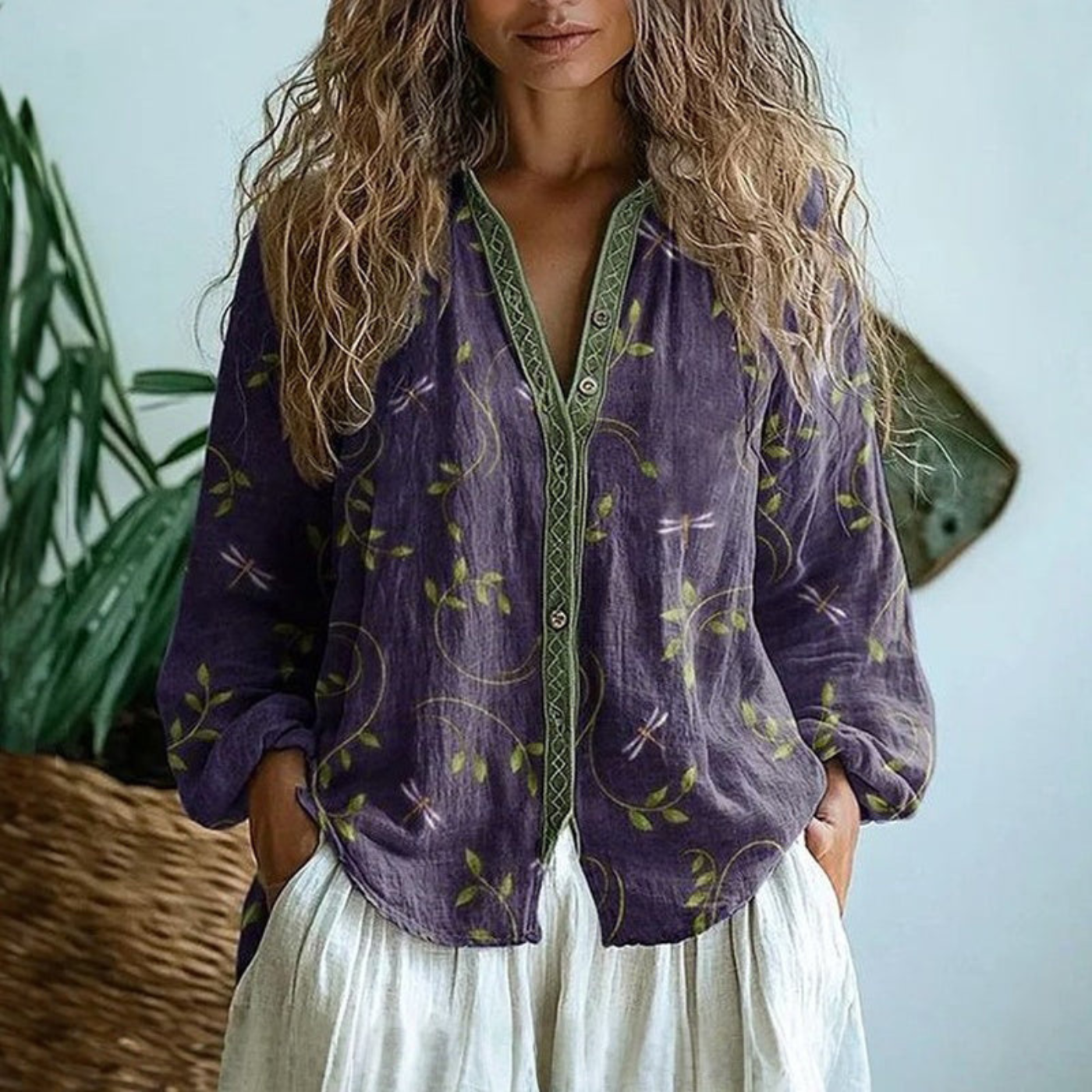 Blusa de lino con botones y detalle de contraste | Manga larga para mujer