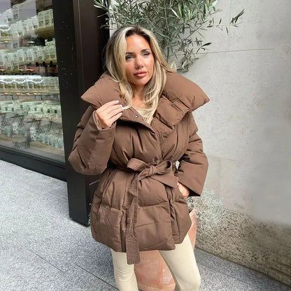 Mujer Chaqueta Plumífero Corta | Cinturón Ajustable & Cuello Alto | Otoño e Invierno