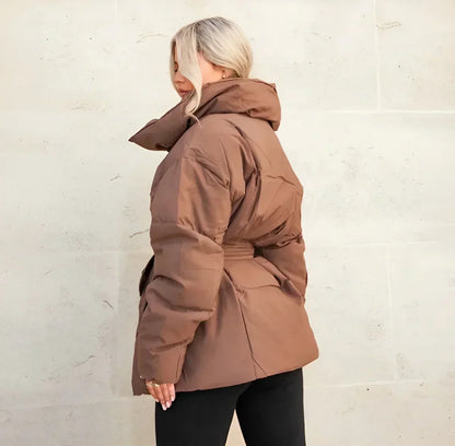 Mujer Chaqueta Plumífero Corta | Cinturón Ajustable & Cuello Alto | Otoño e Invierno