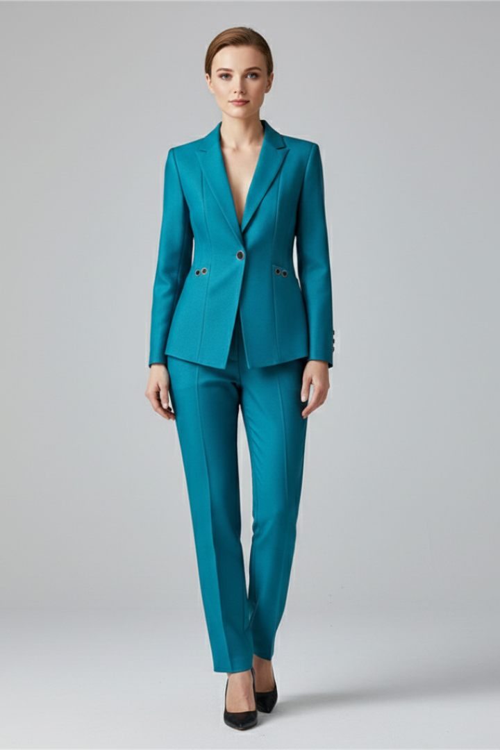 Conjunto de blazer de un botón y pantalón recto para mujer | Tejido liso