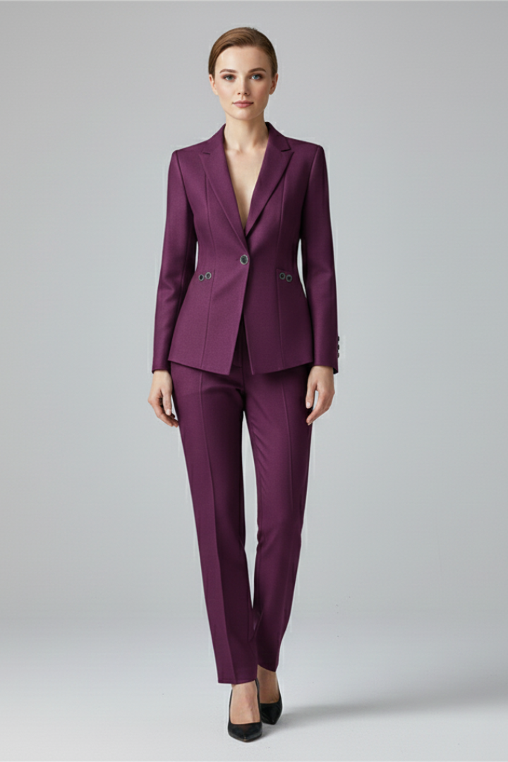 Conjunto de blazer de un botón y pantalón recto para mujer | Tejido liso