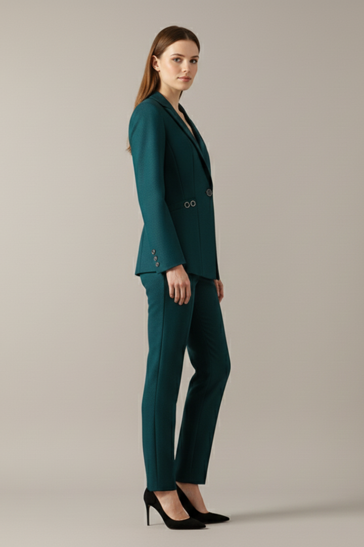 Conjunto de blazer de un botón y pantalón recto para mujer | Tejido liso