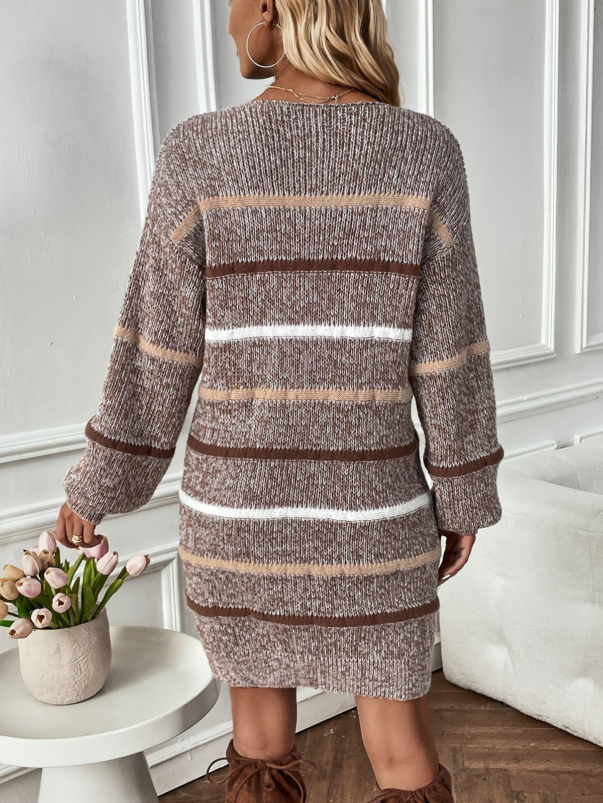 Mujer Vestido de Punto a Rayas | Manga Larga & Hombro Caído | Otoño e Invierno
