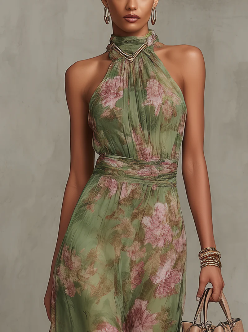 Vestido largo de gasa con estampado floral verde | Escote halter para mujer