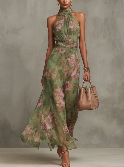 Vestido largo de gasa con estampado floral verde | Escote halter para mujer