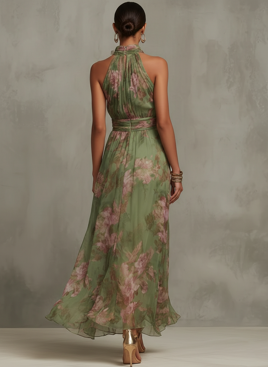 Vestido largo de gasa con estampado floral verde | Escote halter para mujer