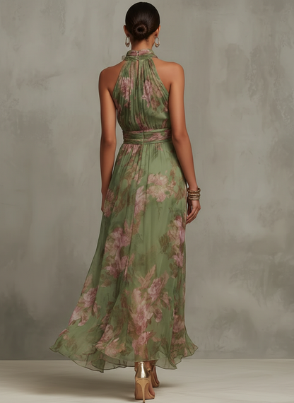 Vestido largo de gasa con estampado floral verde | Escote halter para mujer