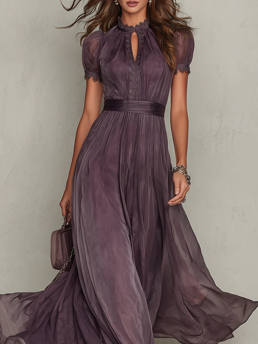 Vestido largo violeta con escote de ojo de cerradura para mujer | Chifón con detalles de encaje