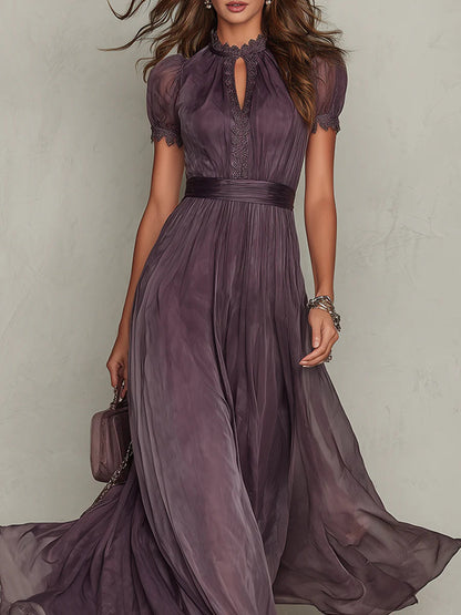 Vestido largo violeta con escote de ojo de cerradura para mujer | Chifón con detalles de encaje