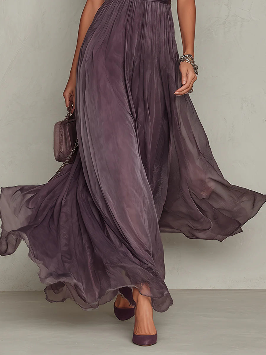 Vestido largo violeta con escote de ojo de cerradura para mujer | Chifón con detalles de encaje