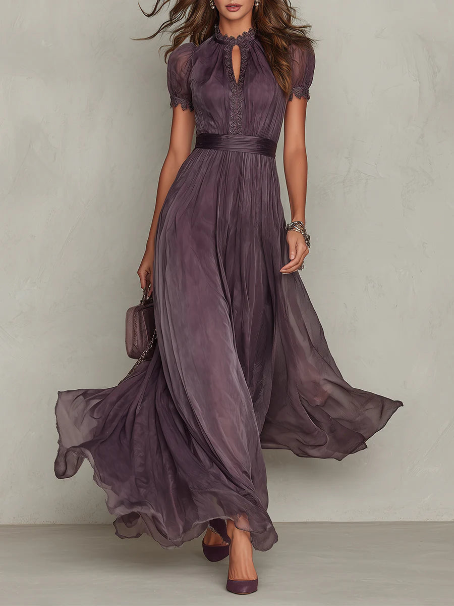 Vestido largo violeta con escote de ojo de cerradura para mujer | Chifón con detalles de encaje