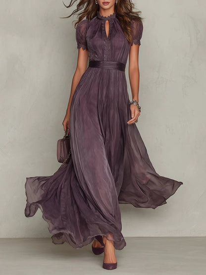 Vestido largo violeta con escote de ojo de cerradura para mujer | Chifón con detalles de encaje