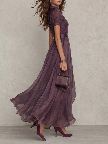 Vestido largo violeta con escote de ojo de cerradura para mujer | Chifón con detalles de encaje