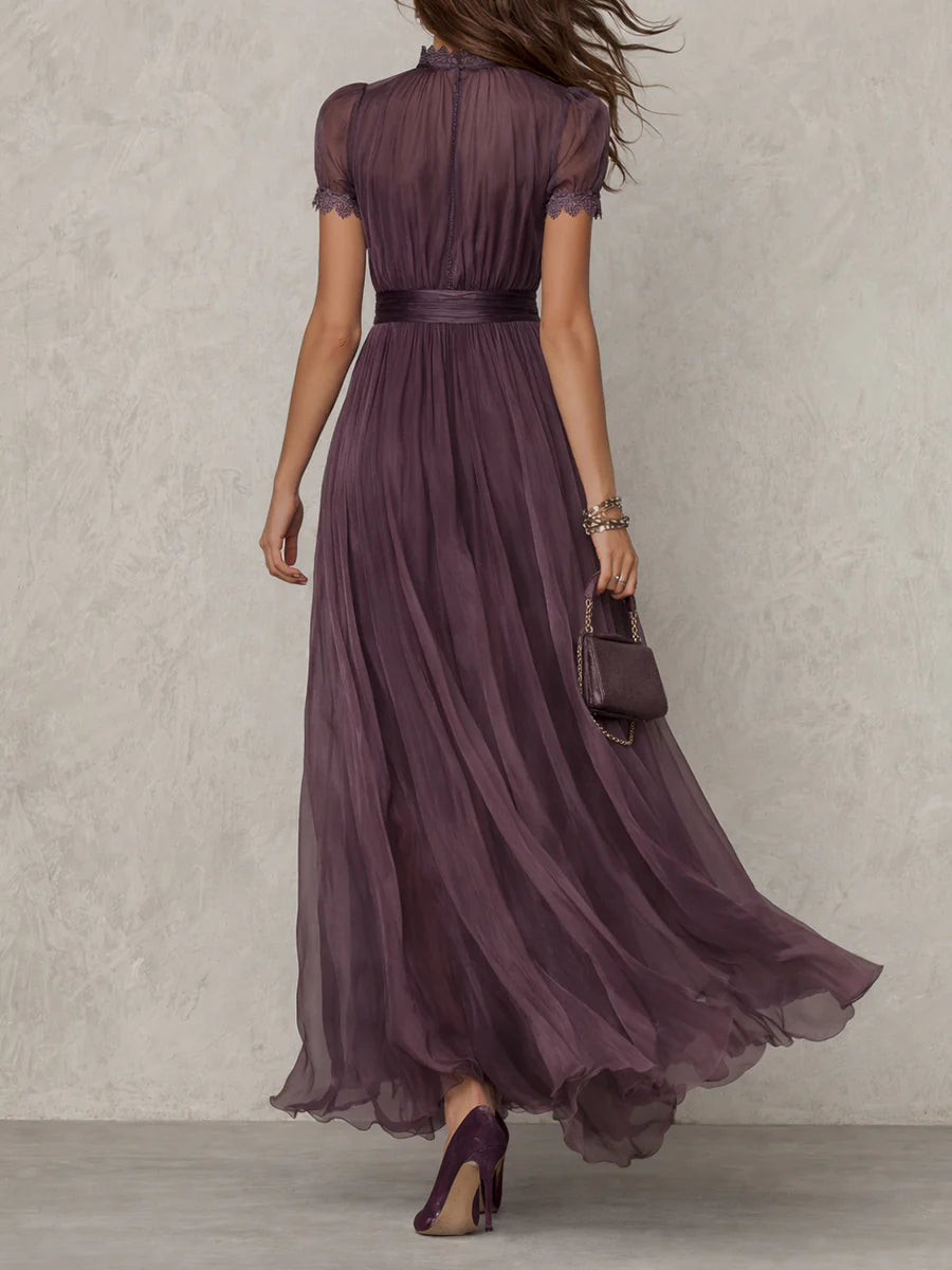 Vestido largo violeta con escote de ojo de cerradura para mujer | Chifón con detalles de encaje