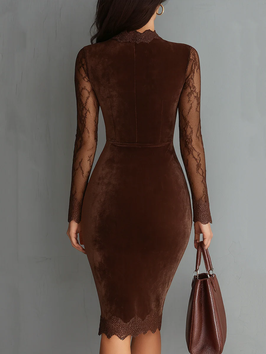 Mujer Vestido Mini de Terciopelo | Mangas de Encaje & Escote en Forma de Gota | Fiesta y Noche