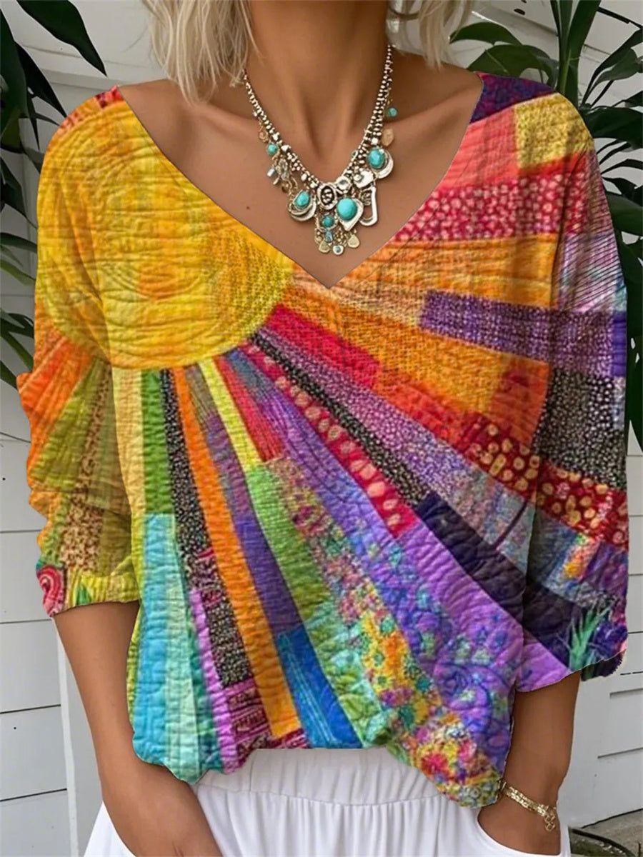 Blusa holgada de parches coloridos con cuello en V y manga larga para mujer | Poliéster