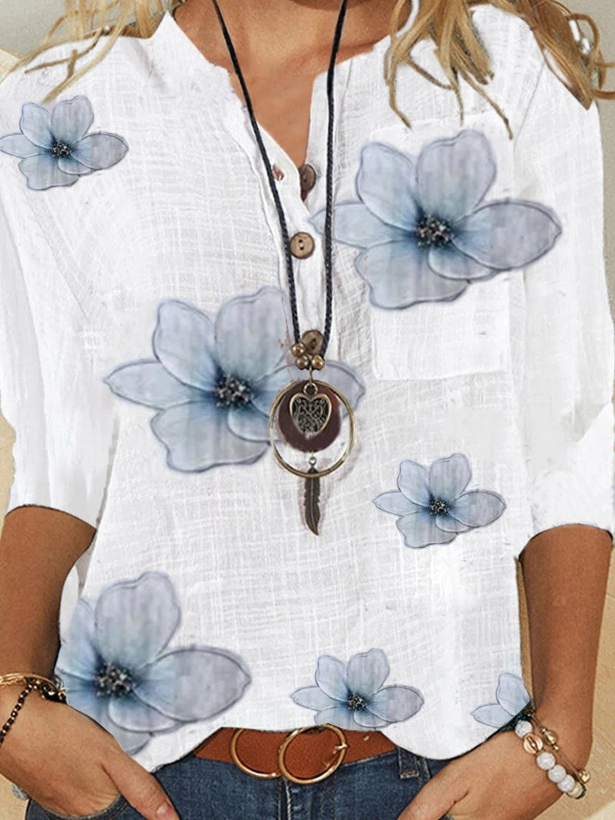 Blusa estampada floral con botones delanteros para mujer | Manga 3/4