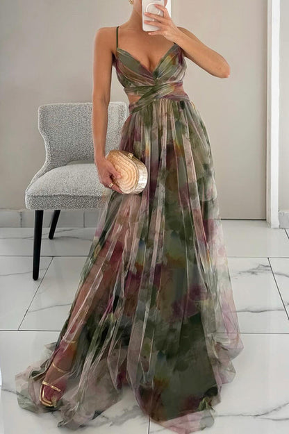 Vestido largo de tirantes con escote en V | Estampado multicolor fluido