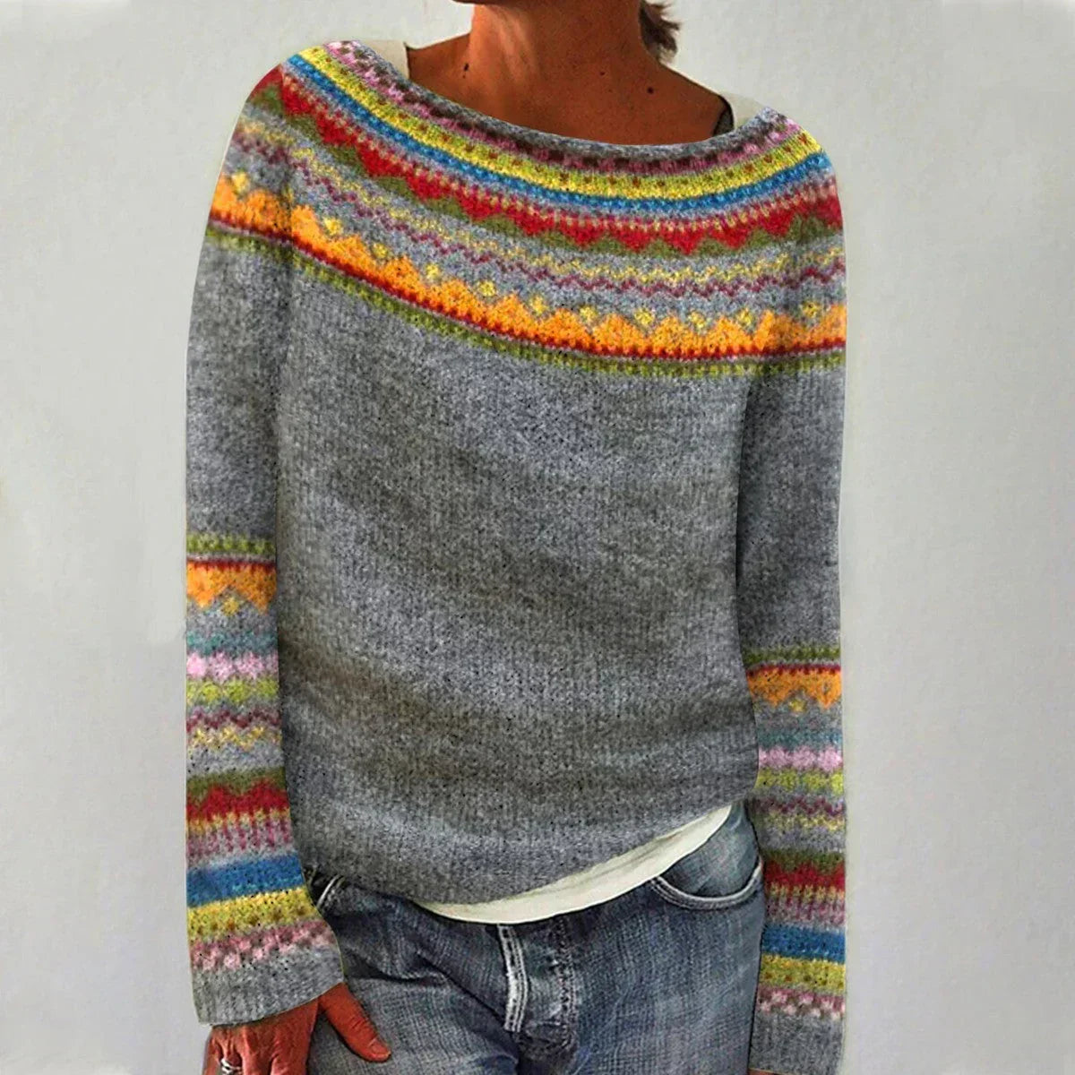 Mujer Jersey de Punto | Cuello Barco & Estampado Nórdico | Otoño e Invierno