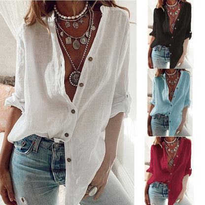 Camisa de lino holgada para mujer con cuello en V | Mezcla de algodón y lino