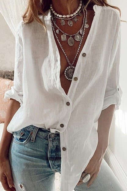 Camisa de lino holgada para mujer con cuello en V | Mezcla de algodón y lino