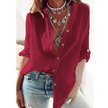 Camisa de lino holgada para mujer con cuello en V | Mezcla de algodón y lino